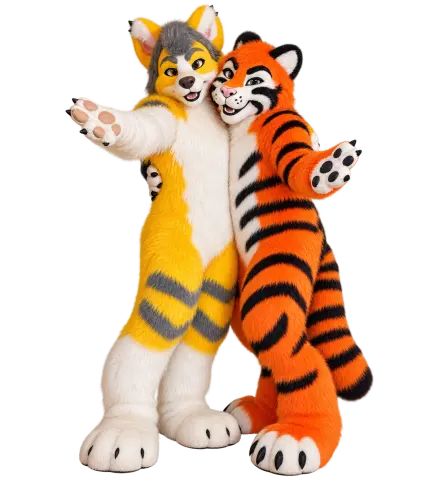 Die Circus-Maskottchen: eine gelb-weiße Katze und ein Tiger, Arm in Arm